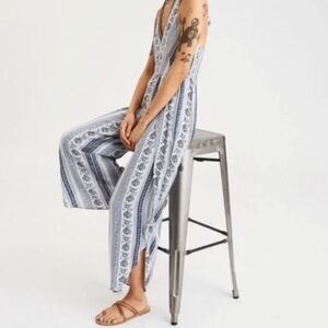 American Eagle Romper Women’s Small Blue White Tie Back Floral Jumper Bohemian